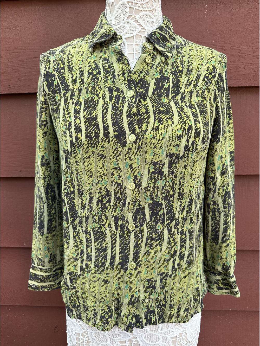 Raffinalla Vintage Neon Lime Yellow and Black Abstract Brushstroke Blouse